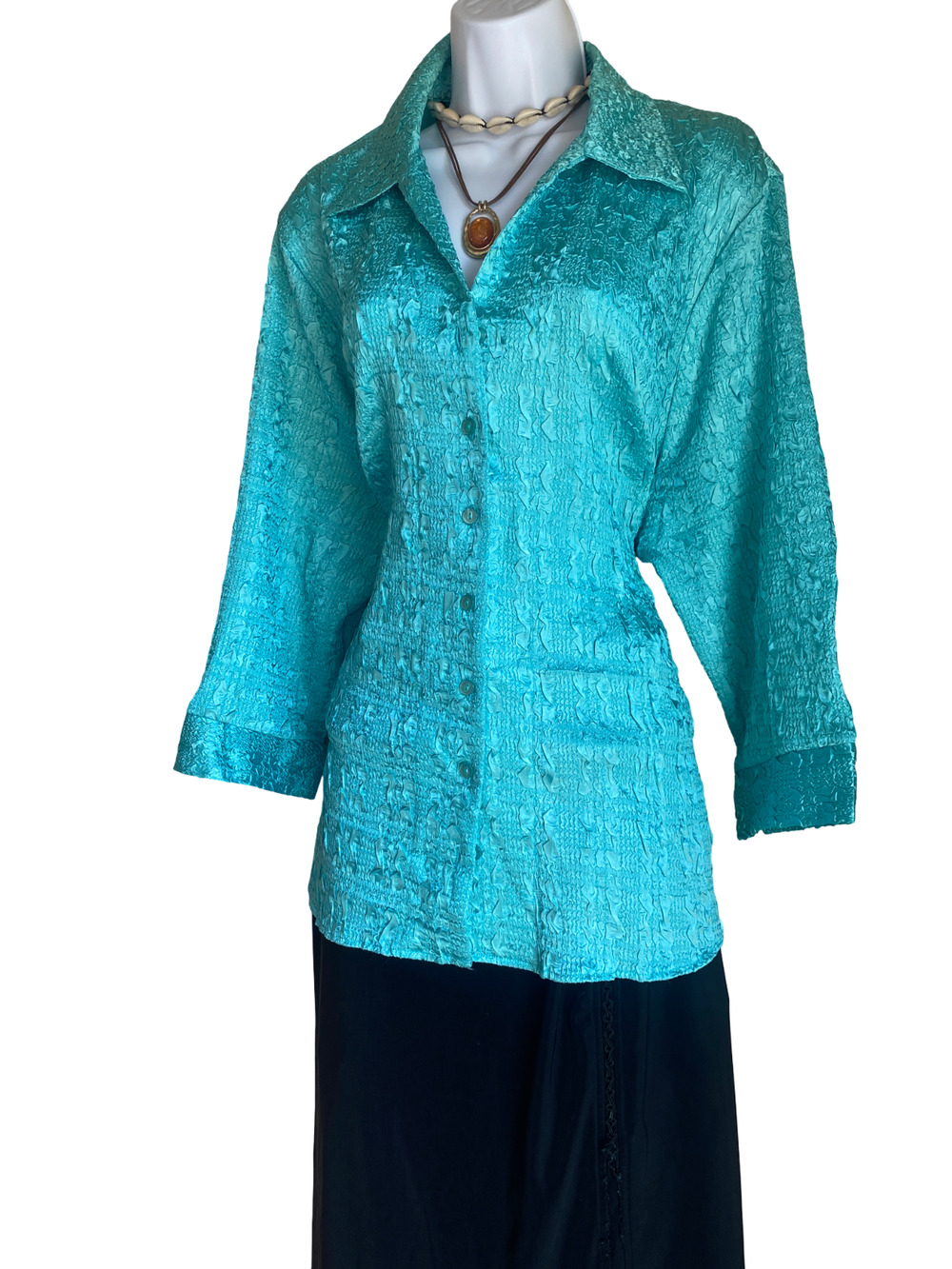VTG CJ Banks Plus 1X Aqua Blue Textured Button Blouse Blazer Office Siren Retro